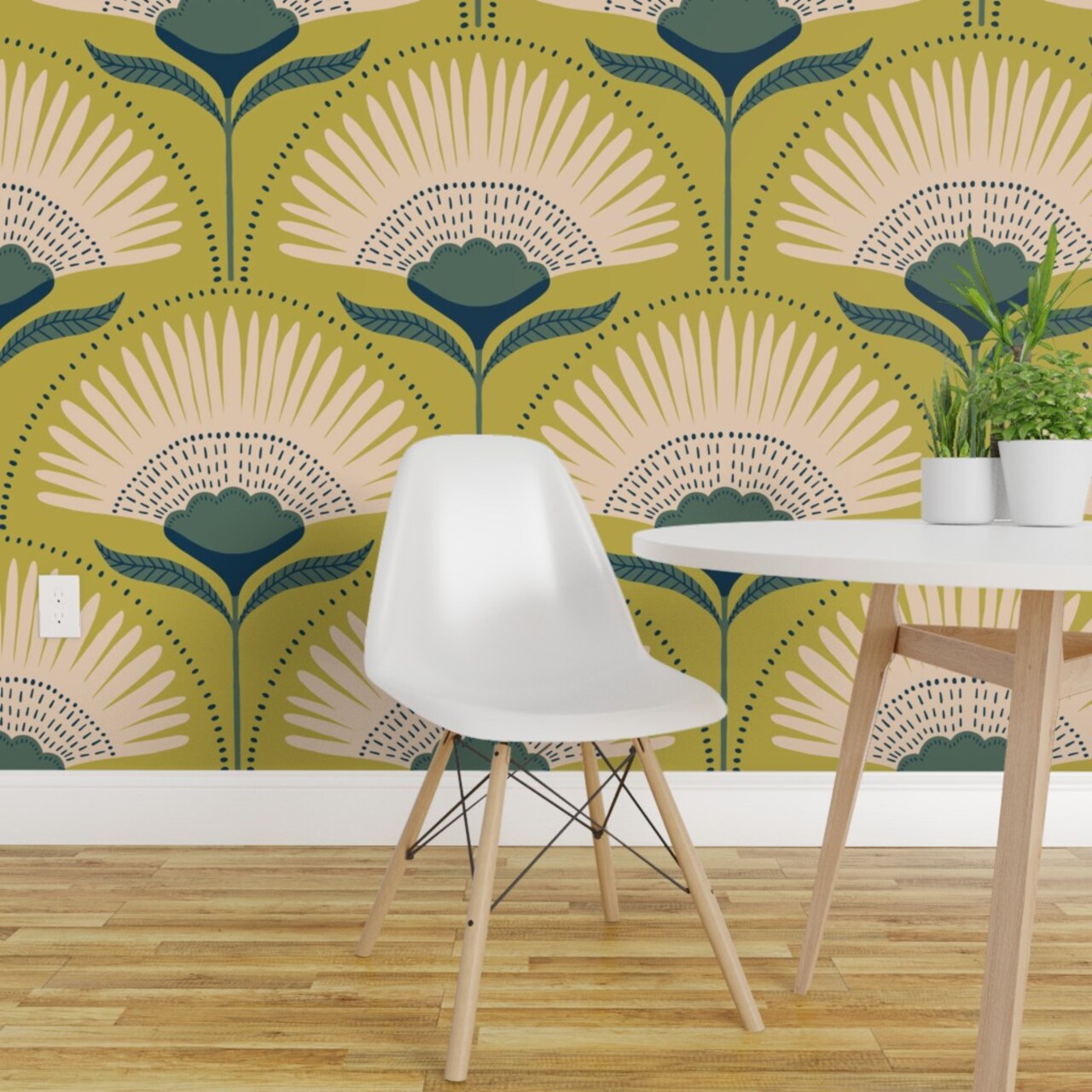 Peel & Stick Wallpaper 2FT Wide Deco Floral Fans Green Chartreuse Geometric Flowers Large Scale Mid Century Mod Custom Removable Wallpaper by Spoonflower